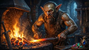 Herrero goblin hiperrealista en la forja con chispas y armas