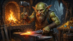 Un forgeron gobelin forgeant une épée légendaire dans une forge de caverne enflammée.
