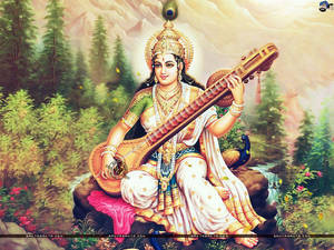 Hindu-Göttin spielt Sitar im Wald mit Pfau — Saraswati Mata Wallpaper