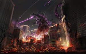 Gigante Godzilla púrpura destruye una ciudad en llamas por la noche con un rayo láser. — Godzilla Rey de los Monstruos Fondos de pantalla
