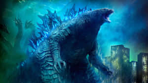 Godzilla roars in a rainy city at night with glowing blue fins. — Godzilla Wallpaper
