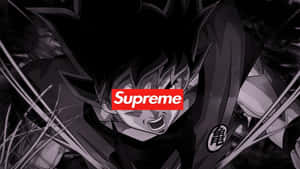 Anime character with spiky hair and red Supreme logo over face. — Goku Supreme Picture