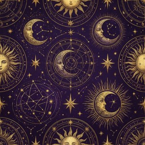 Ett återkommande mönster av guld himmelska symboler på lila, whimsigoth stjärntecken tapet.