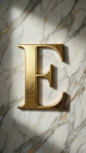Golden letter E on marble background with natural light and shadows. — Preppy E Wallpaper