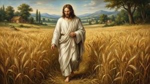 Lazzaro in stile rinascimentale pastorale che cammina attraverso campi di grano