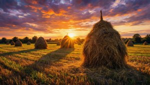 Monets hooibergen bij zonsondergang met gouden licht