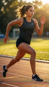 Dynaaminen kuva Nike-tytöstä juoksemassa kultaisena hetkenä, täydellinen urheilullisiin taustakuviin.