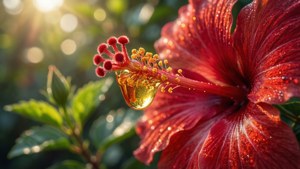 Makrokuva kimaltavasta nektaripisarasta punaisessa hibiskuksessa aamunvalossa