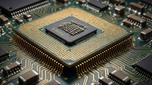 Macro shot of a golden CPU on a circuit board