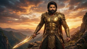 Epic fantasy wallpaper of Prabhas as a golden-armored warrior at sunset.