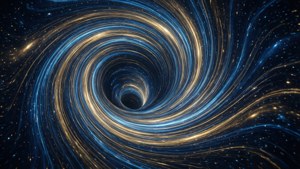 Et abstrakt kosmisk kunstbakgrunnsbilde av en ormehullvirvel med konsentriske ringer av blått og gyllent lys og strøkne stjerner.