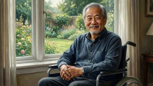 Älterer David Suzuki im Rollstuhl an einem Fenster mit Blick auf einen Garten, Ölgemälde