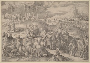Golgotha by Lucas van Leyden, created 1517, in engraving. Download this artwork as a high-resolution wallpaper for desktop, tablet, or mobile. — Art Picture