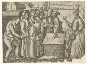 Goochelaar by Balthazar van den Bos, created 1528 - 1580, in paper; engraving. Download this artwork as a high-resolution wallpaper for desktop, tablet, or mobi