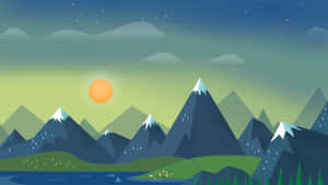 Stilisierte Bergkette mit Schneegipfeln unter einem Verlaufshimmel mit einer leuchtend orangefarbenen Sonne und verstreuten Sternen. — Wunderschöner Blick Auf Die Berge Wallpaper