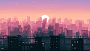 Silhueta pixelizada da cidade ao pôr do sol com janelas brilhantes e um grande sol atrás dos edifícios. — Paisagem do Google Foto Papéis de Parede