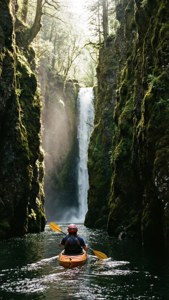Um wallpaper vertical de um caiaqueiro navegando por um desfiladeiro estreito com uma cachoeira ao fundo.