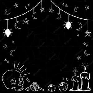 Halloween-themed line art with skulls spiders and candles on a black web background. — Woods Aesthetic Picture