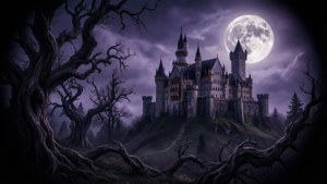 Dunkles Märchenvignette eines Schlosses unter einem Vollmond mit verdrehten Bäumen und tiefen lila-schwarzen Rändern