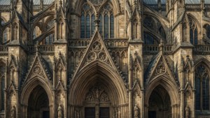 Grabado arquitectónico de Frederick Christian Lewis de una fachada de catedral gótica con detalles intrincados.