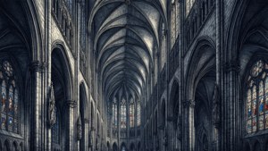 Wallpaper interior katedral gotik monokromatik dengan kaca patri dan chiaroscuro dramatis.