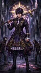 Kencho in Gothic-Lolita-Kleidung posiert in verlassener Kathedrale mit Zombies