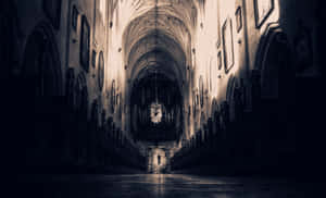 Long cathedral aisle with vaulted ceilings and pews leading to a glowing chandelier. — Gothic Computer Picture