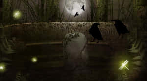 Crows and fireflies in a moonlit garden with a stone fountain. — Gothic Computer Picture
