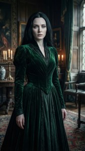 Narcissa Malfoy i en mørkegrøn kjole, elegant og kold i Malfoy Manor