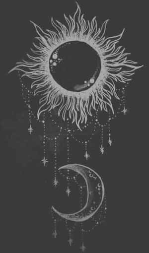 Celestial symbols of sun and moon with dangling stars on dark background.
