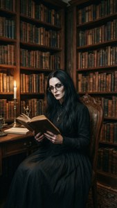 Lady Dimitrescu leser i et storslått bibliotek med levende lys.