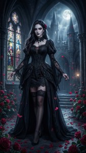 Angela dans un château gothique au clair de lune.