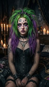 Gotisk kvinnelig juggalo i et stearinlys opplyst soverom med fargerikt hår