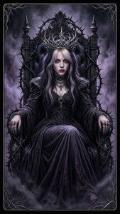 Fantaisie sombre Billie Eilish en reine gothique sur un trône d'épines noir, style carte de Tarot.