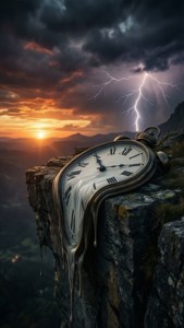 Sebuah jam yang meleleh bertengger di tebing di bawah langit badai, membangkitkan suasana surealis gotik yang gelap.