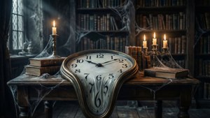 Schmelzende Uhr in dunkler Bibliothek mit Kerzen