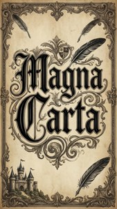 En typografisk plakat med 'Magna Carta' i gotisk kalligrafi, ornamentale rammer og vintage pergament.