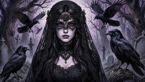Gotische fantasy sluier manga met raven en mist