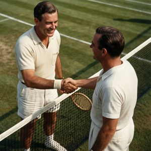 Dua pria dengan perlengkapan tenis putih berjabat tangan di atas net di lapangan rumput.