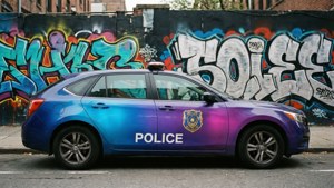 Gradient politibil med decal ved graffiti væg