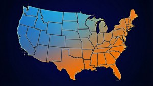 En levande gradientfylld karta över USA med delstatsgränser, konstnärlig och färgstark.
