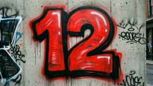 Urban graffiti number 12 on concrete wall.