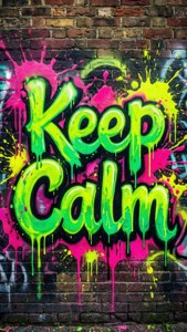 En neongrønn graffiti-veggmaleri av 'Keep Calm' på en murvegg med fargerike sprut.
