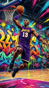 Kobe Bryant in Layup-Pose über farbenfrohem Graffiti-Court, Pop-Art-Tapete