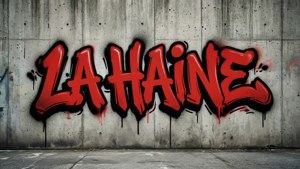 En fed typografisk tapet med 'LA HAINE' graffiti-stil på en betonvæg, perfekt til kantede temaer.