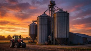 Een silo en graanelevator bij zonsondergang met een tractor, industriële boerderij-esthetiek