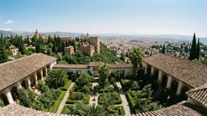 Bredt landskab af Alhambra og Generalife-haverne med udsigt over Granada.