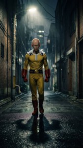 Saitama lurar i en mörk gränd under en gatlykta.