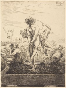 Grape Harvest by François-Nicolas Chifflart, in etching on laid paper. Download this artwork as a high-resolution wallpaper for desktop, tablet, or mobile. — François-Nicolas Chifflart Wallpaper