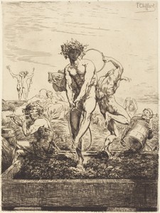 Grape Harvest by François-Nicolas Chifflart, created 1865, in etching with drypoint on laid paper. Download this artwork as a high-resolution wallpaper for desk — François-Nicolas Chifflart Wallpaper